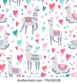 Seamless pattern with llama, cactus and hand drawn elements. Creative childish texture. Great for fabric, textile. Vector illustration. 