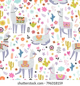 Seamless pattern with llama, cactus and hand drawn elements. Creative childish texture. Great for fabric, textile. Vector illustration. 