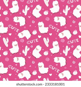 Seamless pattern with llama, cactus and handdrawn elements. Creative childish texture. Great for fabric, textile vector illustration. Vector illustration of an animal for children. 