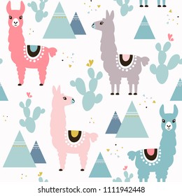 Rasgo sin fisuras de llama, cactus y montañas. Excelente para tela, textil. Fondo vectorial.