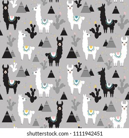 Seamless pattern of llama, cactus and mountains. Great for fabric, textile. Vector background.