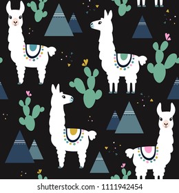 Rasgo sin fisuras de llama, cactus y montañas. Excelente para tela, textil. Fondo vectorial.