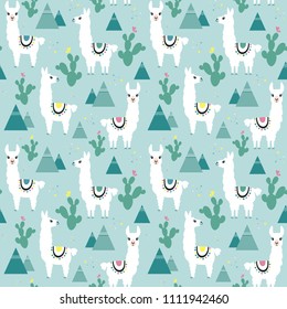 Seamless pattern of llama, cactus and mountains. Great for fabric, textile. Vector background.