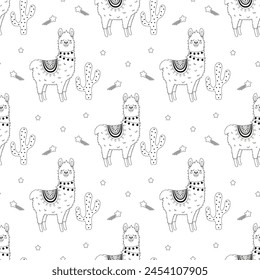 seamless pattern with llama and cactus, outline flat vector illustration