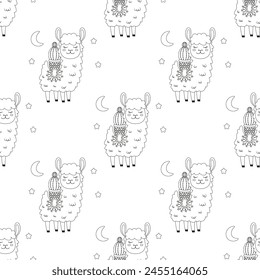 seamless pattern with llama and cactus, outline flat vector illustration