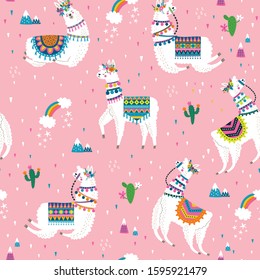 Seamless pattern with llama, cactus, rainbow and hand drawn elements. Creative childish texture. Great for fabric, textile. Vector illustration.