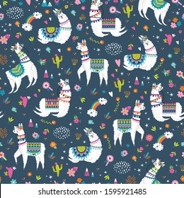 Seamless pattern with llama, cactus, rainbow and hand drawn elements. Creative childish texture. Great for fabric, textile. Vector illustration.