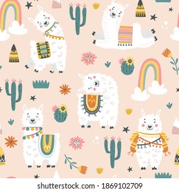 Seamless pattern with llama, cactus, rainbow and hand drawn elements. Creative childish texture. Great for fabric, textile. Vector illustration.
