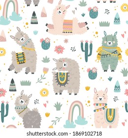 Seamless pattern with llama, cactus, rainbow and hand drawn elements. Creative childish texture. Great for fabric, textile. Vector illustration.
