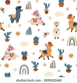 Seamless pattern with llama, cactus and rainbows on a white background. Cute kids illustration. Great for nursery, fabric, textile. - Shutterstock ID 1898182468