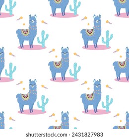 seamless pattern of llama, cactus and stars, great for fabric, textile, flat vector background