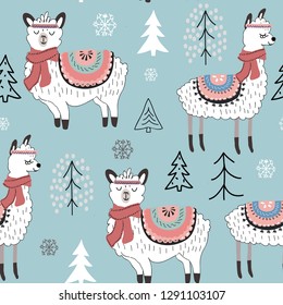 Seamless pattern with llama and cactus. vector illustration for fabric, textile,wallpaper