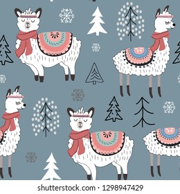 Seamless pattern with llama and cactus. vector illustration for fabric, textile,wallpaper