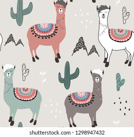 Seamless pattern with llama and cactus. vector illustration for fabric, textile,wallpaper