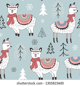Seamless pattern with llama and cactus. vector illustration for fabric, textile,wallpaper