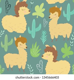 Seamless pattern with llama and cactus. vector illustration for fabric, textile, wallpaper.