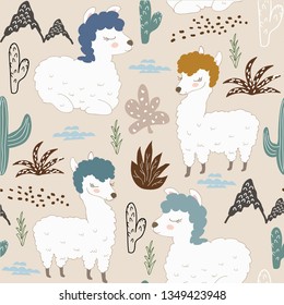 Seamless pattern with llama and cactus. vector illustration for fabric, textile,wallpaper.