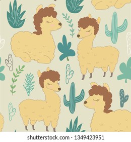 Seamless pattern with llama and cactus. vector illustration for fabric, textile,wallpaper.