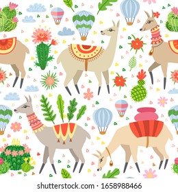 Seamless pattern with llama and cactus. Vector Illustration. Hand drawn elements. Textile fabric childish texture with cute lama