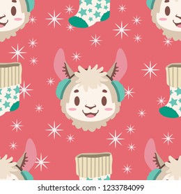 Seamless pattern with llama and Christmas stocking