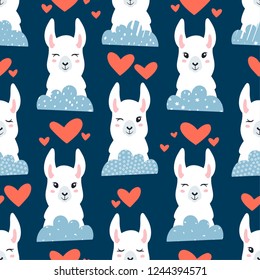 Seamless pattern of llama, clouds and hears. Great for fabric, textile. Vector background.