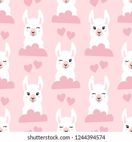 Seamless pattern of llama, clouds and hears. Great for fabric, textile. Vector background.