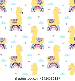 seamless pattern with llama, clouds, rainbow and starts, creative childish texture, great for fabric, textile, flat vector illustration