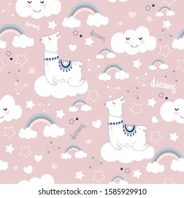 Seamless pattern with a llama and clouds.Sweet dream ,Kawaii style.
