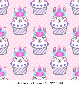 Seamless pattern with llama cupcake with floral wreath and horn like unicorn. Excellent design for packaging, wrapping paper, textile, clothes etc.