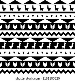 Seamless pattern with llama. Ethnic geometric striped background. Traditional colorful ornament.