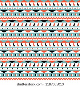 Seamless pattern with llama. Ethnic geometric striped background. Traditional colorful ornament.