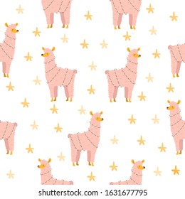 Seamless pattern with llama, flowers and hearts. Creative childish texture with lama. Great for fabric, textile. Vector Illustration.