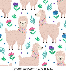 seamless pattern with llama and flowers
-  vector illustration, eps