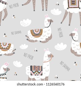 Seamless pattern with llama and hand drawn elements. Creative childish texture. Great for fabric, textile. Vector illustration. 