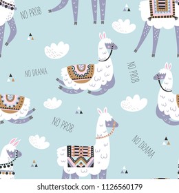 Seamless pattern with llama and hand drawn elements. Creative childish texture. Great for fabric, textile. Vector illustration. 