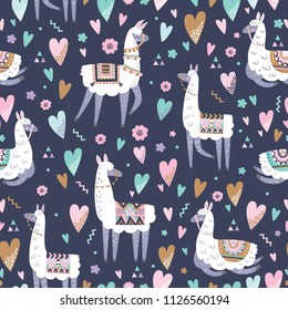 Seamless pattern with llama and hand drawn elements. Creative childish texture. Great for fabric, textile. Vector illustration. 