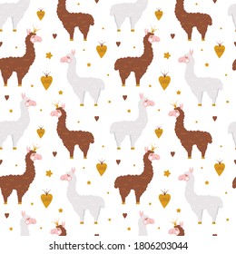 Seamless pattern with llama and hand drawn elements. Creative childish texture. Great for fabric, textile Vector Illustration