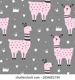 Seamless pattern with llama and hand drawn elements. Creative childish texture. Great for fabric, textile Vector Illustration 