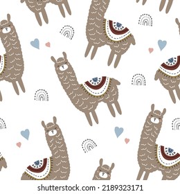 Seamless pattern with llama and hand drawn elements. Creative childish texture. Great for fabric, textile. Vector Illustration