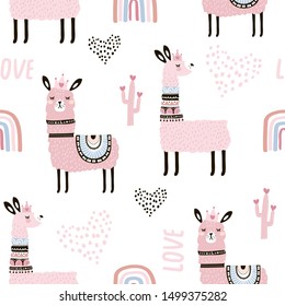 Seamless pattern with llama princess hearts, cactus and hand drawn elements. Creative childish texture. Great for fabric, textile Vector Illustration