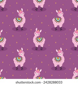 seamless pattern with llama princess and stars, creative childish texture, great for fabric, textile, flat vector Illustration with cute animal in crown