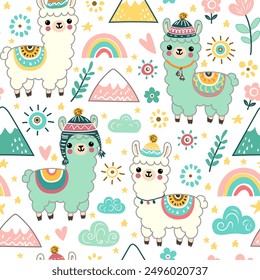 Seamless pattern with llama, rainbow and hand drawn elements. Creative childish texture. Great for fabric, textile. Vector Illustration