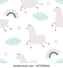 Seamless pattern with llama, rainbow, stars and clouds. Vector with cute animal. Cartoon print for baby.