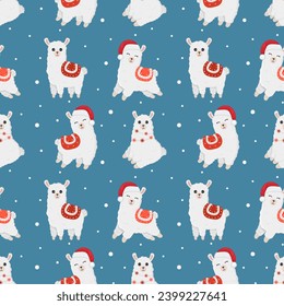 Seamless pattern with  llama in santa claus hat. Good for wallpaper, greeting cards, children room decoration, etc. 