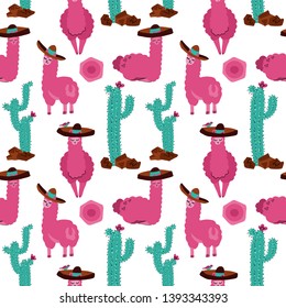 Seamless pattern with llama in sombrero, cactus and hand drawn elements. Creative childish texture. Great for fabric, textile hand drawn Vector Illustration. Cute cartoon alpaca on white background.