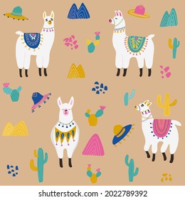 Seamless pattern with llama, sombrero, cactus, mountains and hand drawn elements. Creative childish texture. Great for fabric, textile, wrapping paper, pillow. Vector Illustration.
