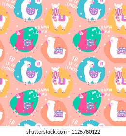 Seamless pattern with llama, star elements. Vector baby animal illustration. llama pattern with quote. Fabric design for sleepwear