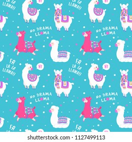 Seamless pattern with llama, star elements. llama pattern with quote. Vector baby animal illustration. Fabric design for sleepwear