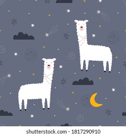 Seamless pattern with llama and stars Hand drawn cute cartoon background in childrens style for fabric textile wallpaper