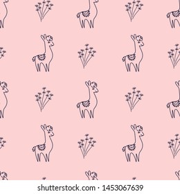 Seamless pattern with llama and wild grass, hand drawn . Creative childish texture. Great for fabric, textile Vector Illustration